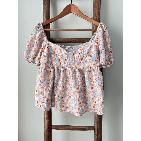 Becool Floral Babydoll Top Smocked Square Neck Puff Sleeve Blouse Cute size L - Picture 1 of 6